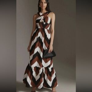 Tracy Reese Plenty Anthropology Black, Brown and White Halter Maxi Sundress Xsp